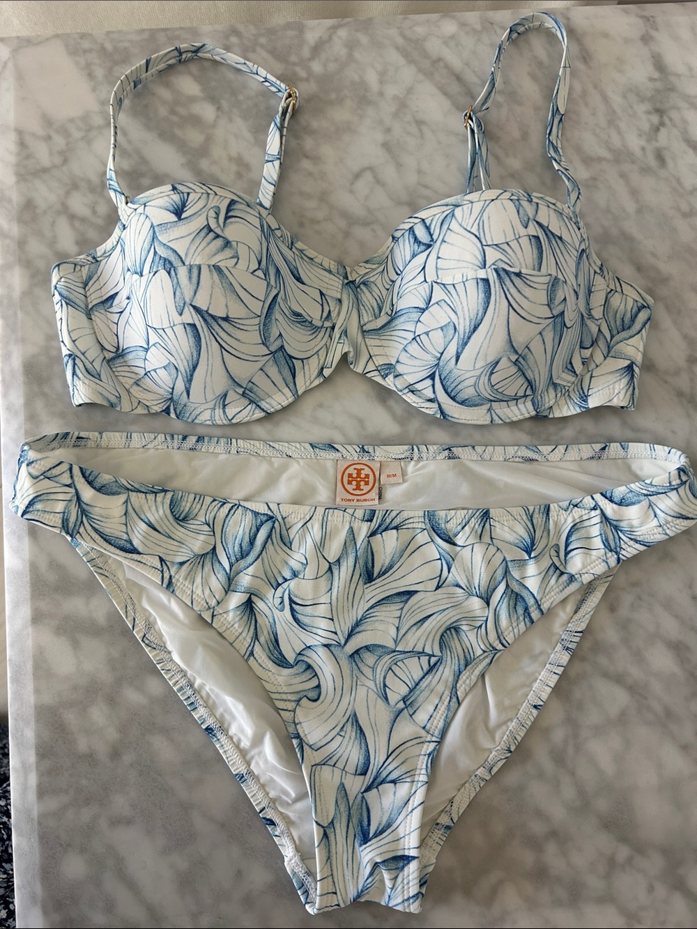Tory Burch White & Blue Swirl Print Bikini Set